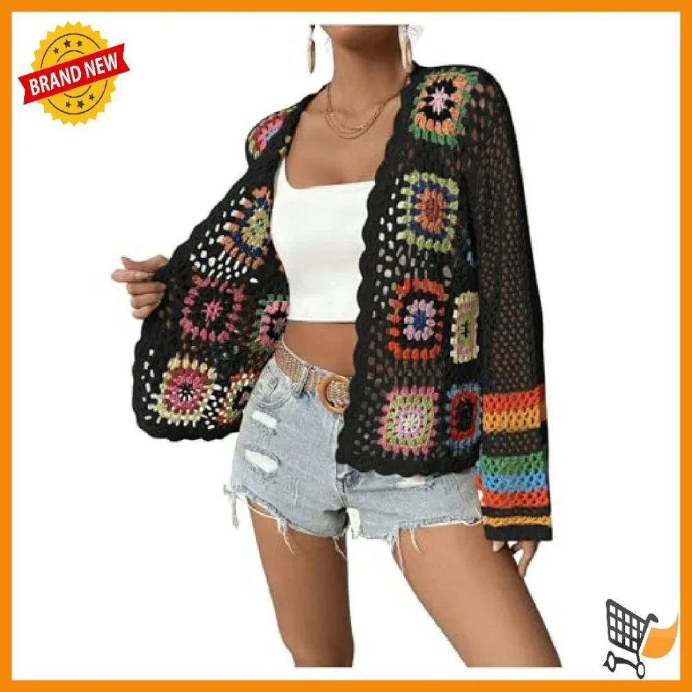 Floral Crochet Cardigan Long Sleeve Open Front Lightweight Sweater - Picture 4 of 7